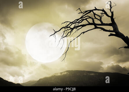 Halloween background. Spooky mountains and tree with full moon Stock ...