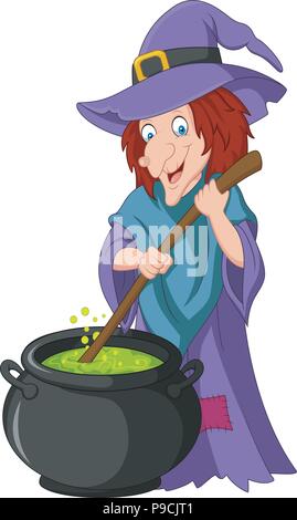 Cartoon little witch preparing potion Stock Vector