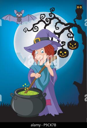 Cartoon little witch preparing potion Stock Vector