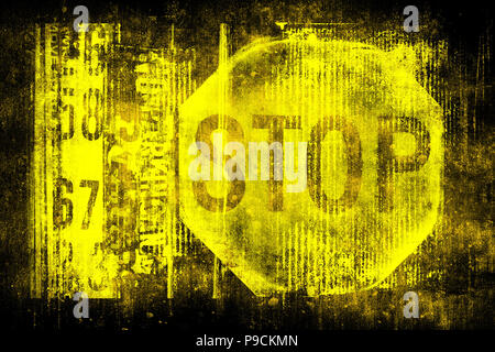 Stop sign on old grungy wall. Symbol of stop motion. Monochrome yellow black illustration Stock Photo