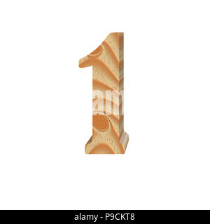 Wooden number 1 (one) isolated on white background. Texture of wood. Part of original alphabet font. Volumetric alphabet design. 3d illustration Stock Photo