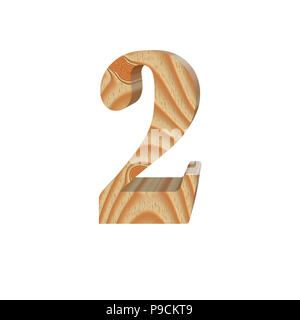 Wooden number 2 (two) isolated on white background. Texture of wood. Part of original alphabet font. Volumetric alphabet design. 3d illustration Stock Photo