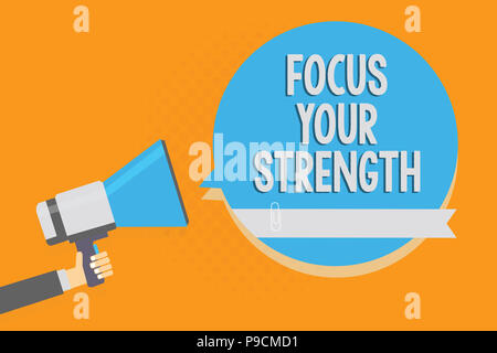 Writing note showing Focus Your Strength. Business photo showcasing Improve skills work on weakness points think more Alarming speaker signal warning  Stock Photo