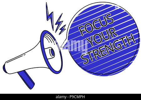 Writing note showing Focus Your Strength. Business photo showcasing Improve skills work on weakness points think more Script announcement message warn Stock Photo