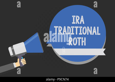 Handwriting text writing Ira Traditional Roth. Concept meaning are tax deductible on both state and federal Multiline text script artwork make announc Stock Photo