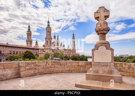 Basilica of Our Lady of the Pillar, from the Puenta de Piedra, Zaragoza, Aragon, Spain. Stock Photo