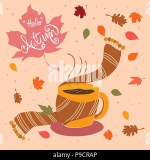 hand drawn coffee cup with scarf and fall leaves in autumn card Stock Vector