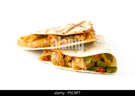 Mexican quesadilla with chicken, cheese and peppers, isolated on white background Stock Photo