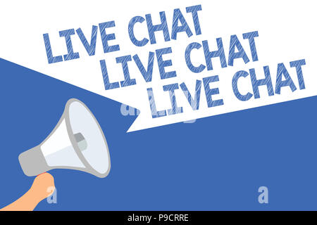 Handwriting text Live Chat Live Chat Live Chat. Concept meaning talking with people friends relatives online Megaphone loudspeaker speech bubbles impo Stock Photo