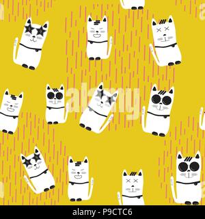 funny white cats with different characters on yellow background, seamless pattern background Stock Vector
