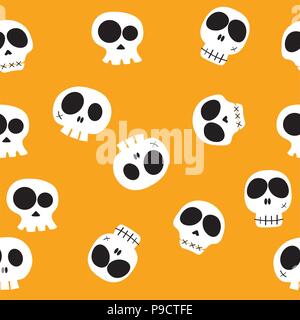 doodle vector funny cartoon head skulls in different characters on yellow background, pattern seamless background Stock Vector