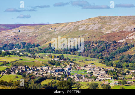 Aerial view of the Yorkshire village of Reeth below Fremington Edge in the Yorkshire Dales National Park, England, UK Stock Photo