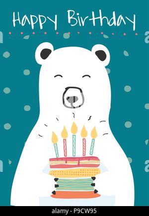 white polar bear holding a birthday cake  idea for birthday card Stock Vector