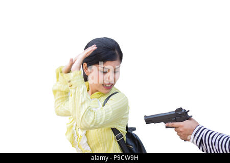 businesswoman back from working from business office is robbed for money by thief on white or isolate background, in a concept of rob, murder, safety  Stock Photo