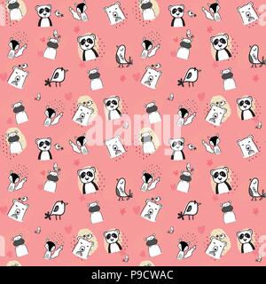 cute doodle wild animals pattern seamless Stock Vector