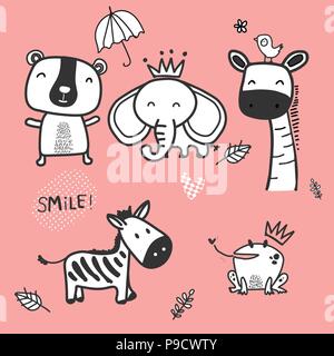 doodle cute wild animal character, zebra, elephant, bear, fog and giraffe on pink background Stock Vector