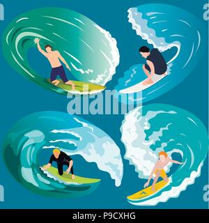 Surfing, sport, summer, relax, ocean, sea, beach, vector. Stock Vector