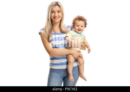 Young mother holding her baby boy isolated on white background Stock Photo