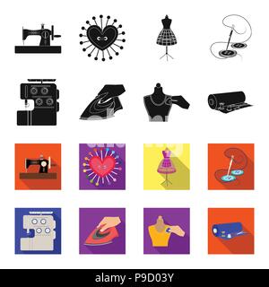 Electric sewing machine, iron for ironing, marking with chalk clothes, roll of fabric and other equipment. Sewing and equipment set collection icons i Stock Vector