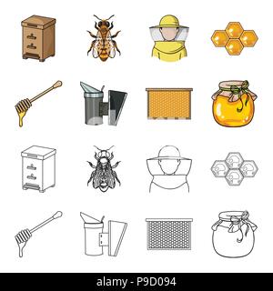 A frame with honeycombs, a ladle of honey, a fumigator from bees, a jar of honey.Apiary set collection icons in cartoon,outline style vector symbol st Stock Vector