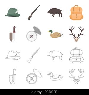 Knife with a cover, a duck, a deer horn, a compass with a lid.Hunting set collection icons in cartoon,outline style vector symbol stock illustration . Stock Vector