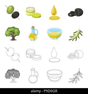 An olive tree, a branch with olives, a vessel and a jug of oil. Olives set collection icons in cartoon,outline style vector symbol stock illustration  Stock Vector