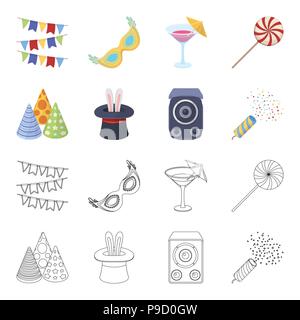 Tricks, music and other accessories at the party.Party and partits set collection icons in cartoon,outline style vector symbol stock illustration . Stock Vector