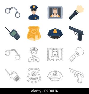 Radio, police officer badge, uniform cap, pistol.Police set collection icons in cartoon,outline style vector symbol stock illustration . Stock Vector