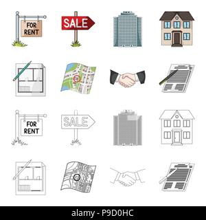 House plan, documents for signing, handshake, terrain plan. Realtor set collection icons in cartoon,outline style vector symbol stock illustration . Stock Vector