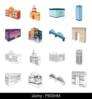 Arc de Triomphe in Paris, Reinforced bridge, cafe building, House in Scandinavian style. Architectural and building set collection icons in cartoon,ou Stock Vector
