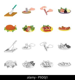 Fried chicken, vegetable salad, shish kebab with vegetables, fried sausages on a plate. Food and Cooking set collection icons in cartoon,outline style Stock Vector