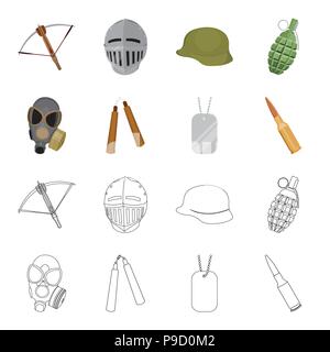 Gas mask, nunchak, ammunition, soldier token. Weapons set collection icons in cartoon,outline style vector symbol stock illustration . Stock Vector