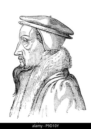 John Calvin, Jean Calvin; born Jehan Cauvin; 10 July 1509 â€“ 27 May 1564, was a French theologian, pastor and reformer in Geneva during the Protestant Reformation, digital improved reproduction of an original print from the year 1900 Stock Photo