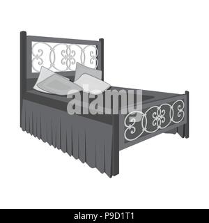 Wooden bed for teenager with graffiti on the back.Bed with blue linens.Bed single icon in monochrome style vector symbol stock web illustration. Stock Vector