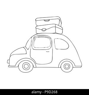 Red car with a luggage on the roof icon in outline design isolated on white background. Family holiday symbol stock vector illustration. Stock Vector