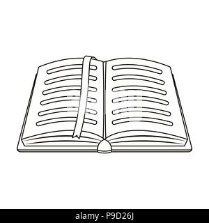 Opened notepad with pencil and pen in top view. Sketchbook or diary. Notebook with red bookmark. A notebook at school.School And Education single icon Stock Vector