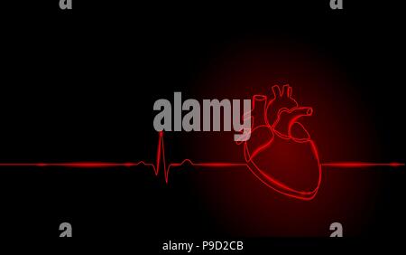 Single continuous line art anatomical human heart silhouette. Healthy medicine concept design neon glow red one sketch outline drawing vector illustration Stock Vector