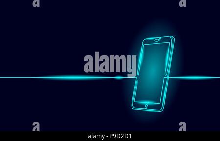 Single continuous line art smartphone. Mobile phone touch screen gadget modern technology neon blue glow design one sketch outline drawing vector illustration Stock Vector