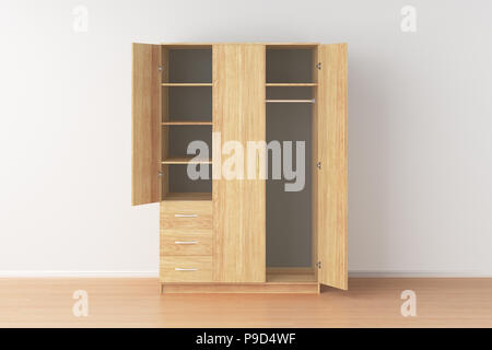 Empty wooden wardrobe with open doors in interior. 3d render Stock Photo