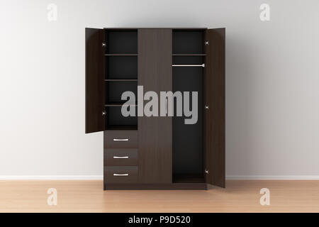 Empty dark brown wardrobe with open doors in interior. 3d render Stock Photo