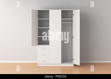 Empty white wardrobe with open doors in interior. 3d render Stock Photo