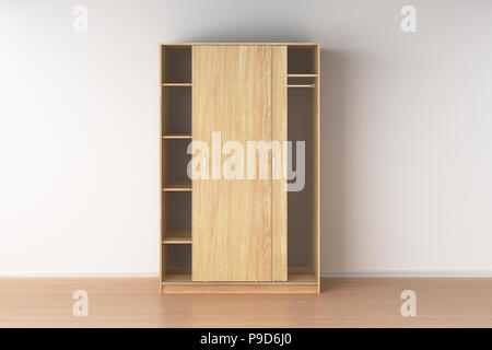 Empty wooden wardrobe with sliding doors in interior. 3d render Stock Photo