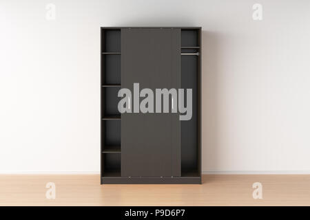 Empty dark brown wooden wardrobe with sliding doors in interior. 3d render Stock Photo