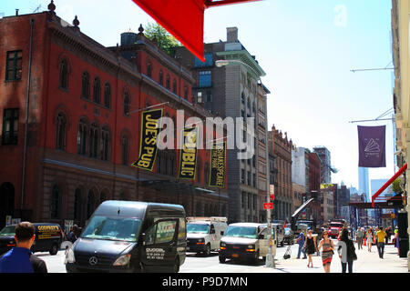 NEW YORK, NY - AUGUST 28: Front side of the Joe's Pub building, host to The Public Theatre at Lafayette Street in NoHo on August 28th, 2014, Manhattan Stock Photo