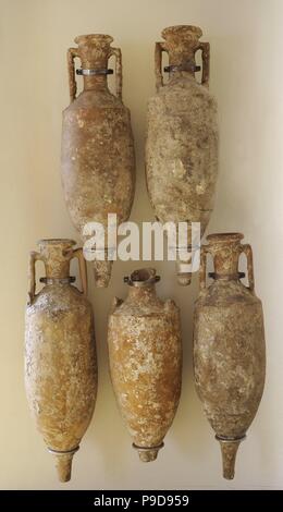 Roman era. Amphoras of wine. Manufactured in Tarragona area. Type: Dressel 2-4. From Bera and Els Carbuncles. Spain. National Archaeological Museum. Tarragona. Catalonia, Spain. Stock Photo