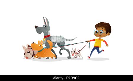 African-American boy holds a dog-lead and looks after pets. Kid walks dogs on leash along city street against buildings on background. Cartoon character strolls with her domestic animals in downtown Stock Vector