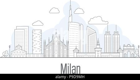 Milan city skyline - cityscape with landmarks in liner style Stock Vector