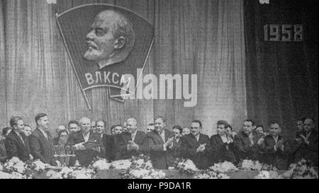 Nikita Khrushchev on the plenum of the Central Committee of Komsomol in honour of the 40th anniversary of Komsomol. Museum: PRIVATE COLLECTION. Stock Photo