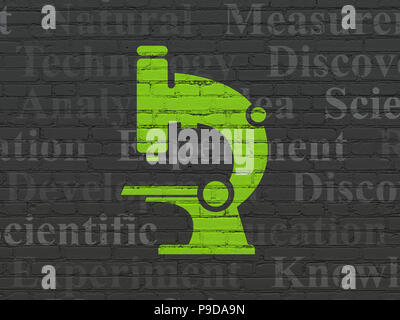 Science concept: Painted green Microscope icon on Black Brick wall background with  Tag Cloud Stock Photo