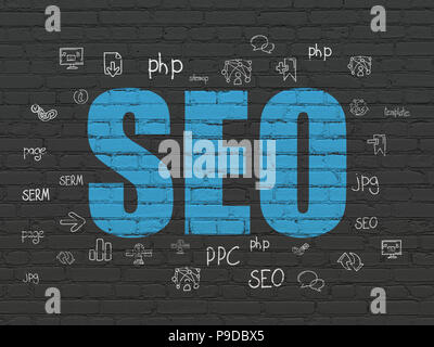 Web development concept: Painted blue text SEO on Black Brick wall background with  Hand Drawn Site Development Icons Stock Photo